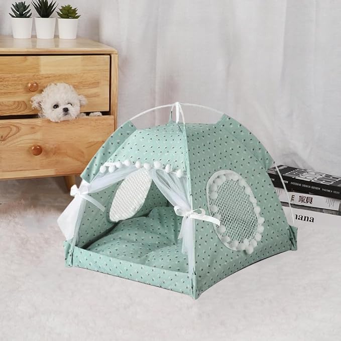 Cat Bed Tents Dog House Indoor Outdoor Lace Mesh Breathable Windows Door Curtains Removable Portable Nest Teepe House (Medium,Mint&White) by Unknown