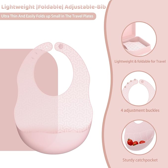 Pink Silicone Foldable Baby Feeding Set, Baby Travel Essential Including Toddler Plates, Spoon&Fork, Adjustable Foldable Bib, Portable Infant Toddler Utensils - Image 3