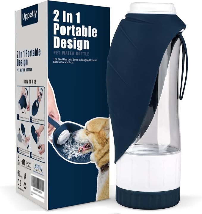 Uppetly Dog Water Bottle, Portable Pet Water Bottle with Food Container and Drinking Feeder, Leak Proof, BPA-Free, Foldable Puppy Water Cup Dispenser for Outdoor Walking, Travel, Hiking 20OZ by Uppetly