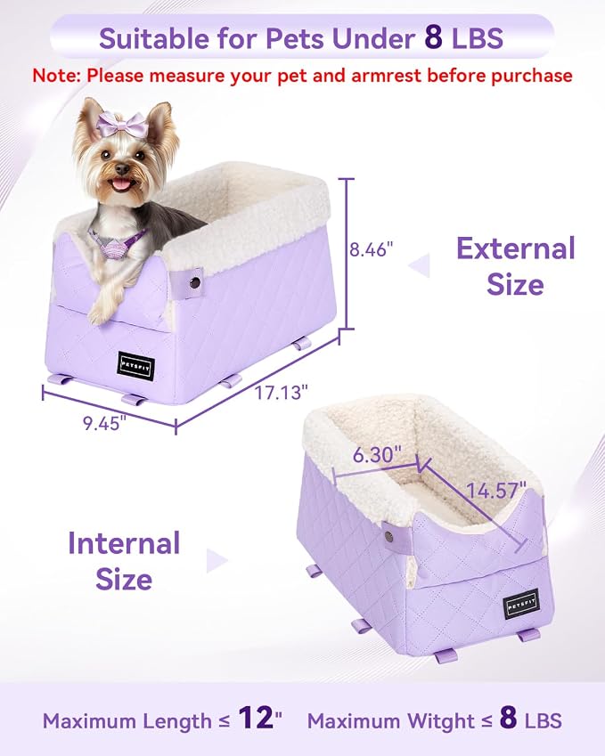 PETSFIT Cat Car Seat with Dual Adjustable Seat-Rail Anchor Hooks | Anti-Collapse Leather Dog Console Car Seat with Safety Tether, Washable Cushion, Soft Pillow for Pets Under 8 lbs, Purple - Image 3