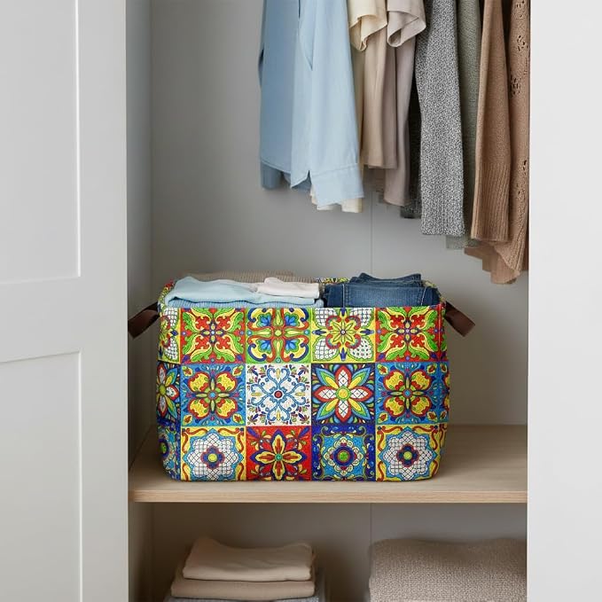 Mexican Talavera Decoration Storage Basket Waterproof Canvas Toy Storage Bin Collapsible Outdoor Basket with Leather Handles Mexican Talavera Decor Blanket Baskets For Closets,Bedrooms,Gifts Baskets - Image 4