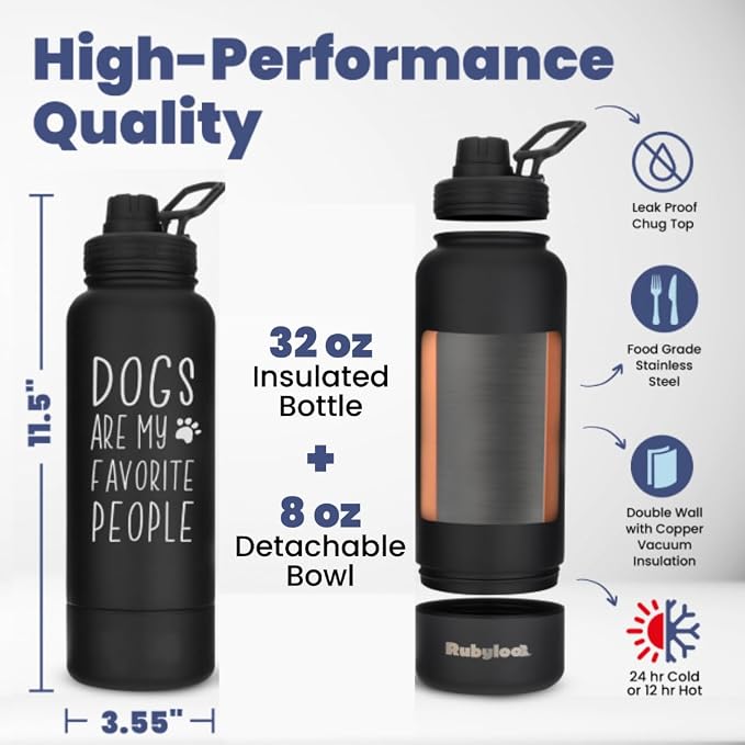 Rubyloo Dog Water Bottle w/Detachable Bowl for Dog Lovers, Favorite People | 32oz Insulated Stainless Steel Bottle, 8oz Detachable Bowl, Leak-Proof Lid, BPA-Free, Hiking, Walking, Travel, Gift - Image 4