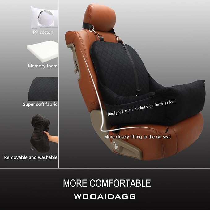 Wooaidagg Dog Car Seat for Small Dogs Up to 25 lbs,Covered Ultra-Soft Fabric and Fill in Memory Foam,Fully Detachable and Washable,2 Clip-On Safety Leashes and Storage Pockets(Black) - Image 3