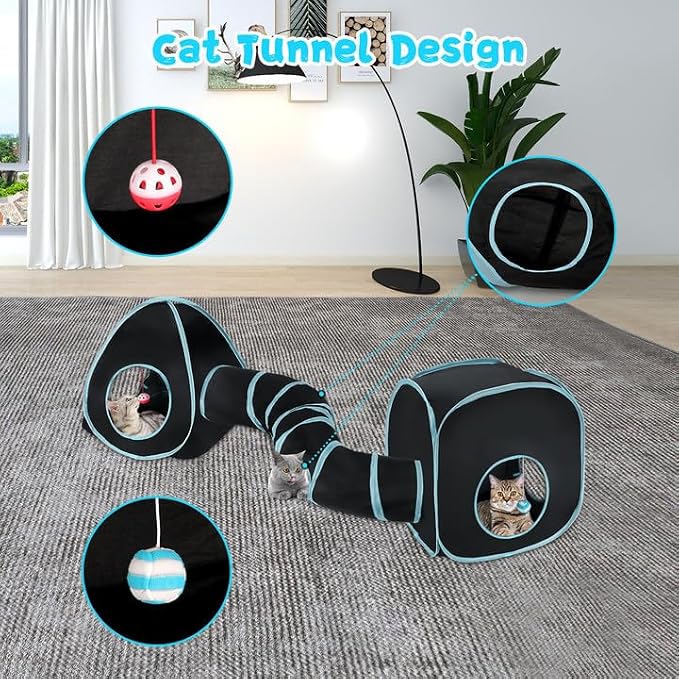 Rypet Cat Toy Tunnel and Cubes Bundle, Play Tubes for Indoor Cats, Black | 3-in-1 Tunnel Cubes Tent, Crinkle Tube for Play, DIY Shapes, Ball and Bell for Play, Tear-Resistant Polyester, Folds Flat - Image 6