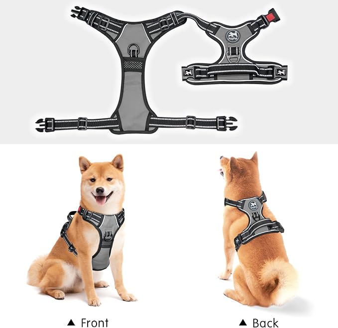 PoyPet No Pull Dog Harness Large with Front Clip & Neck Release Buckle | No Choke, Adjustable Vest, Reflective, Back Clip, Lockable, Soft Padded, Easy Control Handle for Walking Training, L, Grey - Image 5