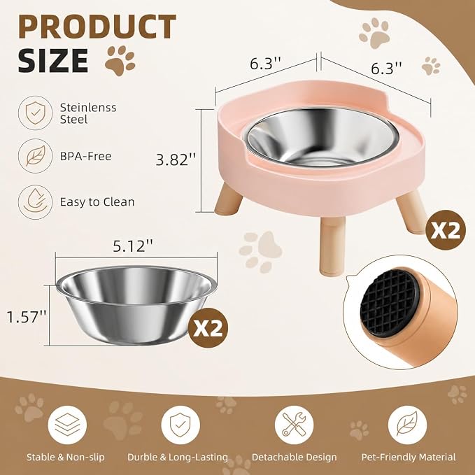 Elevated Cat Bowls, 2P Raised Cat Food and Water Bowl Set for Indoor Cats, Splash Proof with 2 Stainless Steel Pet Food Bowls for Cats ＆ Puppies, Whisker Friendly and Dishwasher Safe - Pink - Image 6