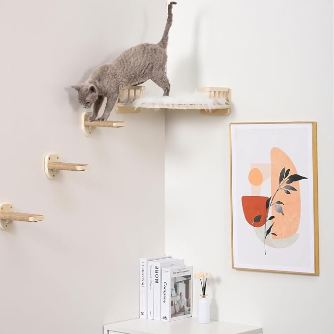 Cat Wall Shelves with 3 Steps Scratch Post, Climbing Shelf and Hammock for Indoor Cats (Wood) - Image 9