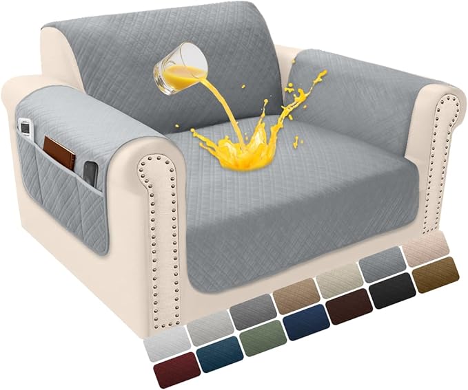 Velvet 100% Waterproof Chair Covers for Living Room Sofa Armchair Cover Washable Couch Arm Chair Slipcovers for Dogs Non Slip Quilted Furniture Protector with Pockets (Small, Silvery Grey) by YUEVELLASofaCover