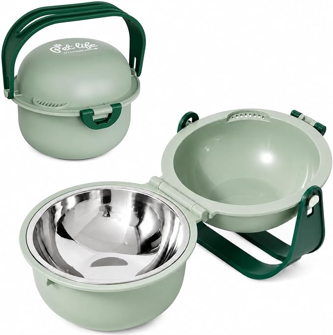 Travel Pet Bowl, Portable Dog and Cat Food & Water Bowl with Handle - Non-Slip, Easy to Clean, Made with Food Grade Plastic & 18/8 Stainless Steel for On-The-Go Pets (Sage Green) by Unknown