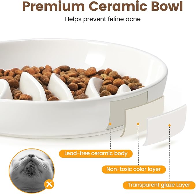PETTOM Slow Feeder Cat Bowl Elevated Ceramic with Bamboo Stand, Raised Pet Puzzle Dishes for Indoor Cats Small Dog, Anti Vomit Cat Bowl for Wet & Dry Food - Image 7