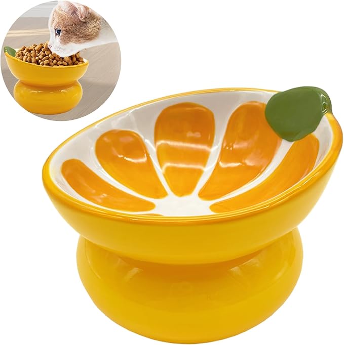 Hamiledyi Ceramic Raised Cat Bowls 15° Tilted Elevated Kitten Food Water Bowl Shallow Whisker Fatigue Kitty Dish Fruit Pet Feeding Bowls Feeder for Indoor Cats Small Dog (Yellow Orange) by Hamiledyi