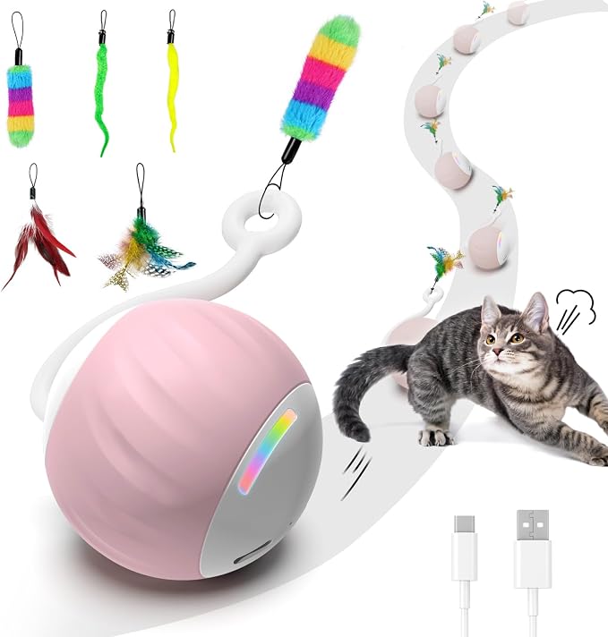Upgraded 2.36 Inch Large Interactive Cat Toys Ball for Indoor Cats, Pink | Motion and Sound Activated, 2 Speeds, Rechargeable, 5 Replaceable Tails, Stuck-Free Motor, Gray Also Available by GOGODOGYA