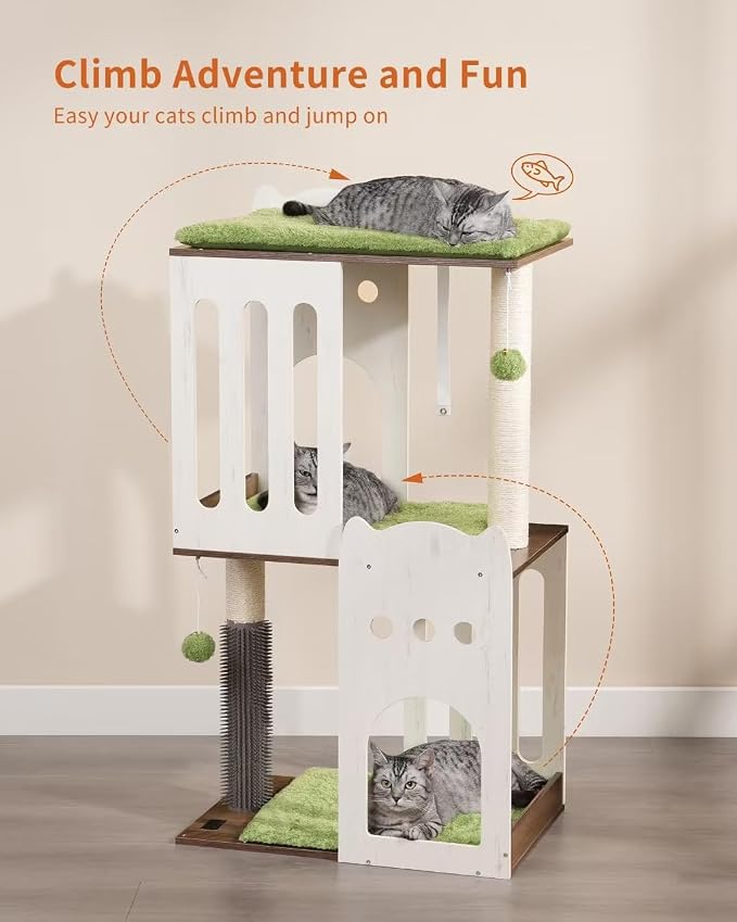 43.7in 3-Tier Modern Cat Tree Tower Condo, Cat Scratch Posts for Indoor Cats, Big Plate, Two 19.7in Full Sisal Scratching Posts, White - Image 3