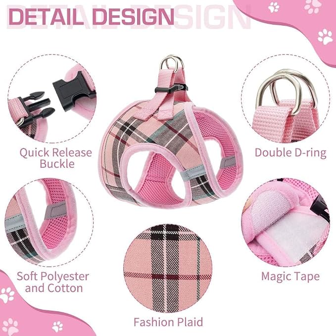 KOOLTAIL Dog Harness for Small Medium Dogs ,Dog Harness and Leash Set, Step in No Pull Soft Mesh Padded Adjustable and Reflective Pet Vest Harness Puppy, Plaid Extra Harness for XS S Dogs, Pink M - Image 7