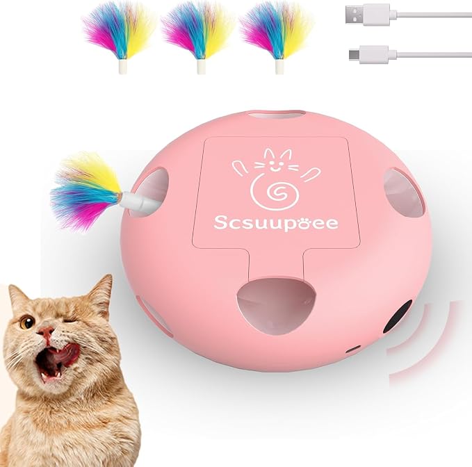 Interactive Cat Toy, Pink | Electric for Moving Concealed Feathers, Smart Sensor 7 Holes Whack a Mole Feather Toy, USB Charge Automatic by Scsuupoeecattoys