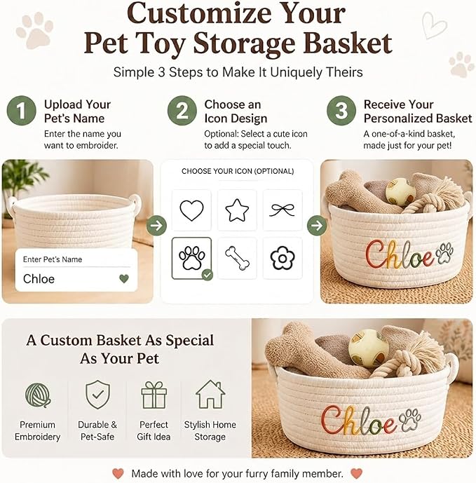 Personalized Cotton Rope Cat Toy Basket with Embroidered Name | Custom Cat Toy Basket with Handles, Soft Puppy Toy Basket, Pet Supplies, Gift for Dog Lovers,4 Colors - Image 6