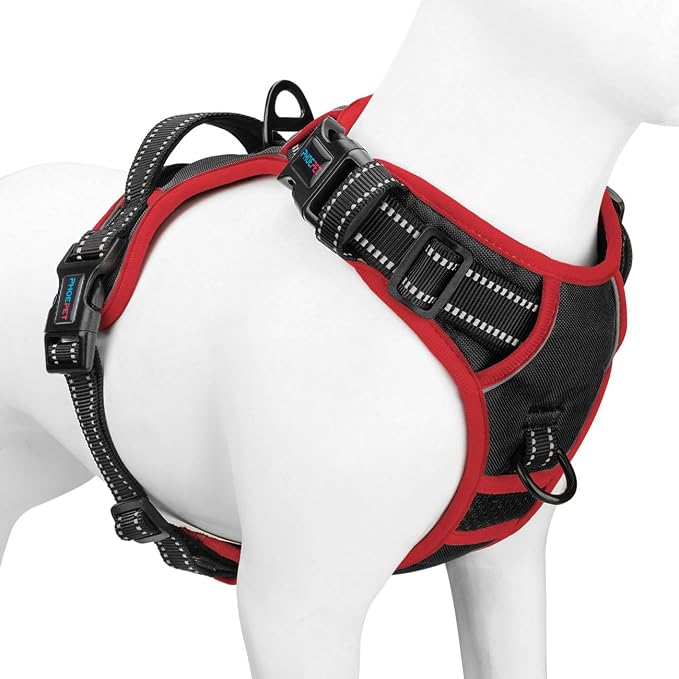 Upgraded No Pull Dog Harness, Reflective Adjustable Vest | with a Training Handle + 2 Metal Leash Hooks+ 3 Snap Buckles +4 Slide Buckles(S, Black) by PHOEPET