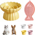 Ceramic Slow Feeder Cat Bowl 5.5inch with Lick Mat,Raised Cat Food Bowl for All Cats and Puppy,Cute Flower Shape for Dry and Wet Food (Yellow Bowl+ Pink Lick Mat) by Unknown