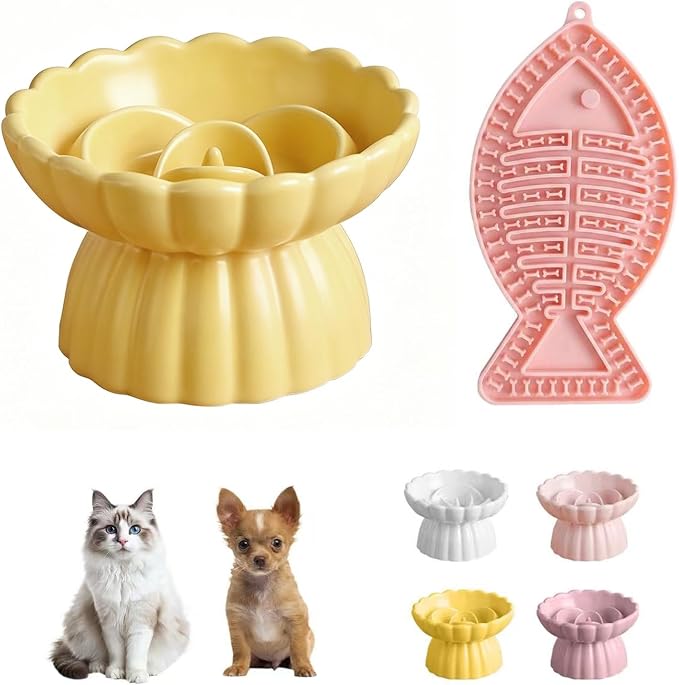 Ceramic Slow Feeder Cat Bowl 5.5inch with Lick Mat,Raised Cat Food Bowl for All Cats and Puppy,Cute Flower Shape for Dry and Wet Food (Yellow Bowl+ Pink Lick Mat) by Unknown