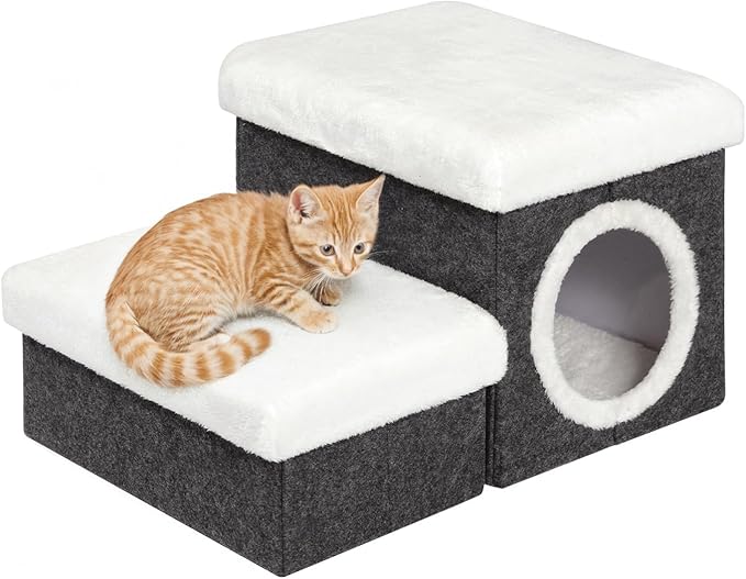B FSOBEIIALEO Cat House Pet Stairs for Beds Sofa, Foldable Dog Steps 2-Tier With Storage Toy Box, Small Indoor Pet Steps Grey 15.7x12.6x12.6 Inches by BFSOBEIIALEO