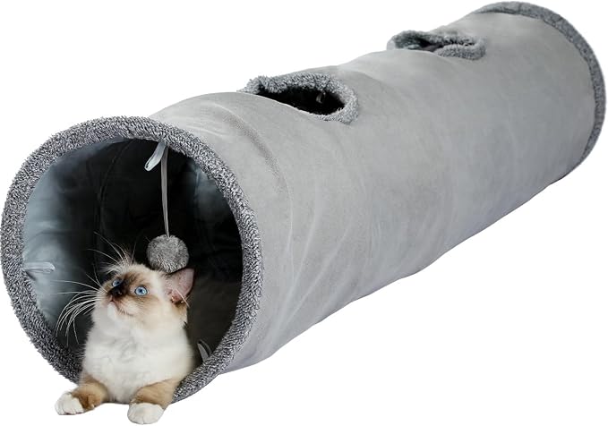 PAWZ Road Cat Tunnel 51 Inches Long Cat Toys Collapsible Tunnel 12”Diameter | Large Cats Tube for Big Cats,Rabbits and Puppy Extra Long Cat Play Tunnel Straight with 2 Peepholes for Indoor&Adult Cats by PAWZRoad