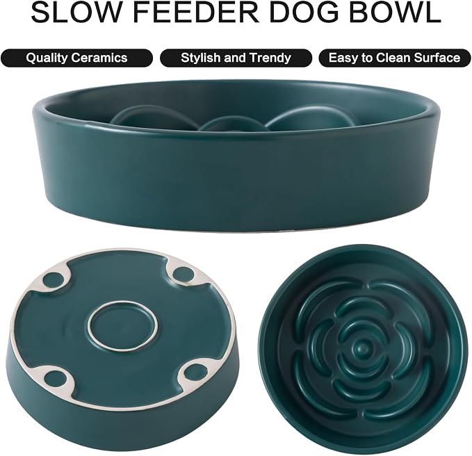 8.25'' Ceramic Slow Feeder Dog Bowls - Petal Shape Modern Dog Food Dish for Medium and Large Breeds, Puzzle Maze Bowl to Slow Down Eating, Anti-Gulping, Dishwasher & Microwave Safe, Green - Image 2