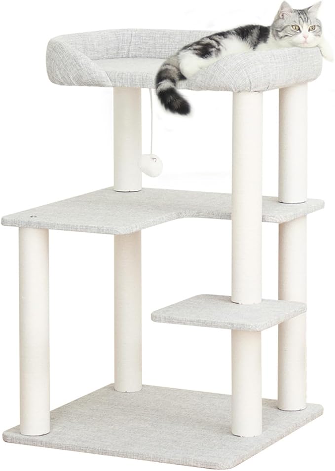 Cat Tree Tower Wooden 37.4''(95 cm), Large Cat Tree with Jump Platform & Play Ball for Indoor Cats, Ideal Cat's Climbing Frame & Playhouse (Linen Fabric Light Grey) by PETTIFULCATTREE