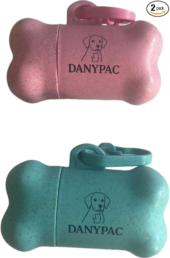 Dog Waste Bag Dispenser, Bone Shaped, Portable Pet Poop Bag Holder with Carabiner Clip, 2 Pack (Pink Cyan) by DANYPAC