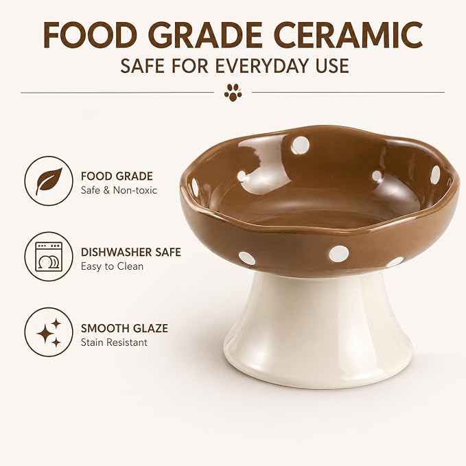 Brown Mushroom Cat Bowl, Elevated Ceramic Bowl for Cats | Cute, Elevated, Ceramic, Whisker Friendly, Dishwasher Safe - Image 6