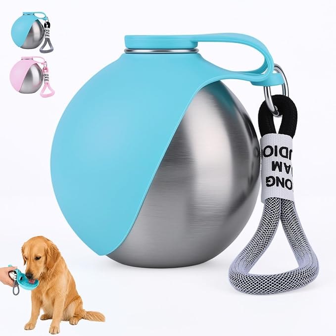 2 in 1 Portable Tumbler for Dogs,Portable Dog Water Ball,10Oz Stainless Steel Dog Water Bottle with Silicone Foldable Bowl, Leak-Proof 2 in 1 Portable Small Dog Water Bottle for Walking by BLOWADM