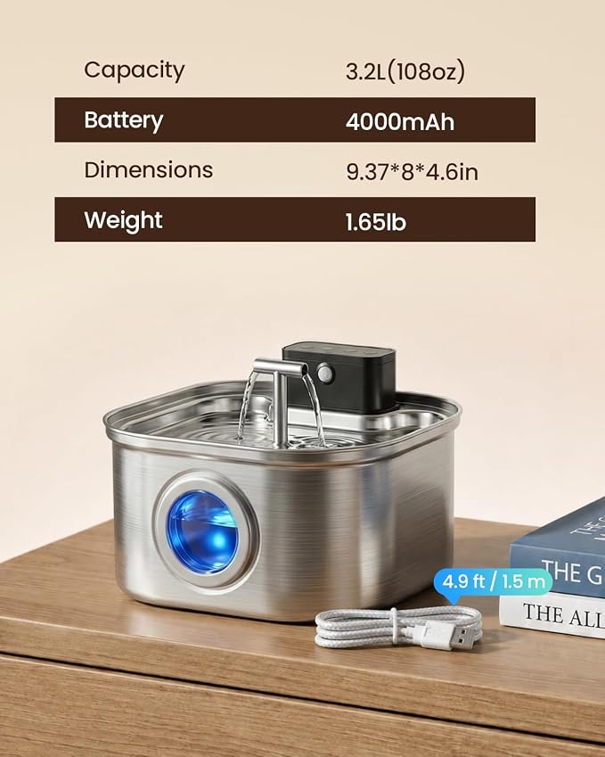 Cordless Cat Water Fountain Stainless Steel,3.2L/108oz Rechargeable | Wireless Battery Operation, Motion Sensor, Automatic Water Flow, Quiet Pump, Includes 4 Replacement Filters - Image 8
