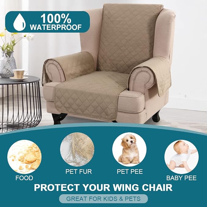 Turquoize 100% Waterproof Wing Chair Cover Wing Armchair Slipcovers Chair Couch Protector Triple Non-Slip Sofa Slipcover for Wing Chair Furniture Protector for Pets, Kids,Dog (Wing Chair, Khaki) - Image 2
