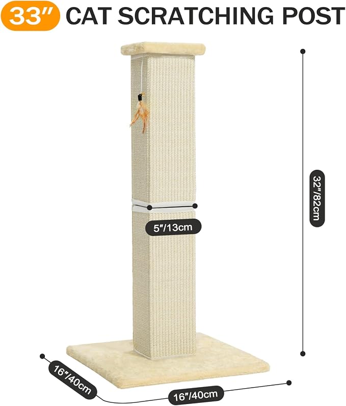 Made4Pets Cat Scratching Post for Indoor Cats, Sisal Cat Scratcher, 32" | Full Sisal Surface, Durable for Heavy Scratchers, Stable Base, Full-Body Stretching, Feather Toy for Kittens & Adult Cats - Image 2