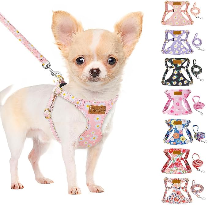 SlowTon No Pull Dog Harness with Leash for Small Medium Dogs, Pink M | Floral Pattern, Step-in, Lightweight, Easy Put On and Off, No Choke, Soft Cotton and Suede for Daily Walking by SlowTon