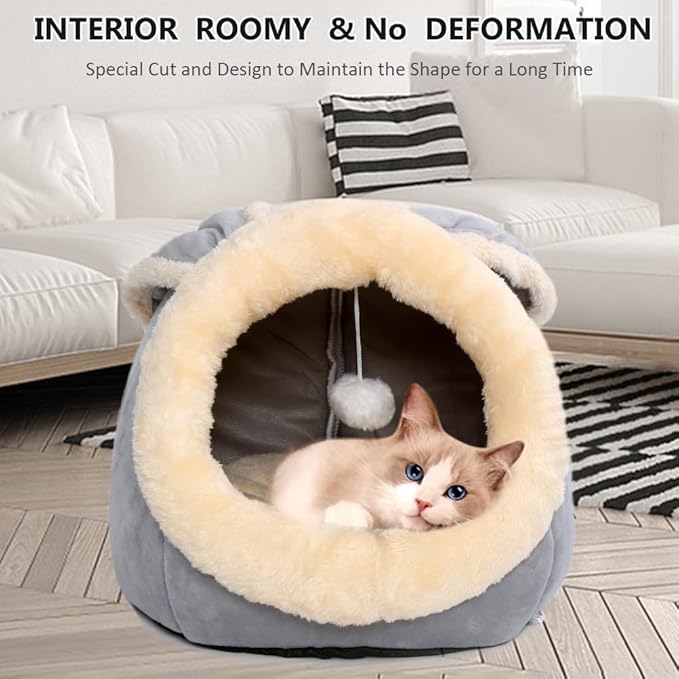 Cat Beds for Indoor Cats-Rabbit-Shaped Cat Cave Bed with Hanging Toy,Grey M | Super Soft Calming cat Tent house for Kitten&Puppy,Warm Plush&Machine Washable&Removable Cushioned Pad,Cute cat Hideaway - Image 3