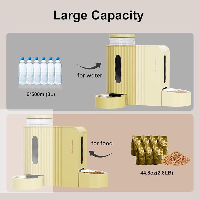 Gardner Pet Gravity Automatic 2-in-1 Pet Feeder, 0.8 Gallons*2 Cat Feeder and Water Dispenser Set, 100% BPA-Free and Stainless Steel Water Bowl for Dogs, Cats, Rabbits, Puppies (Yellow) - Image 3