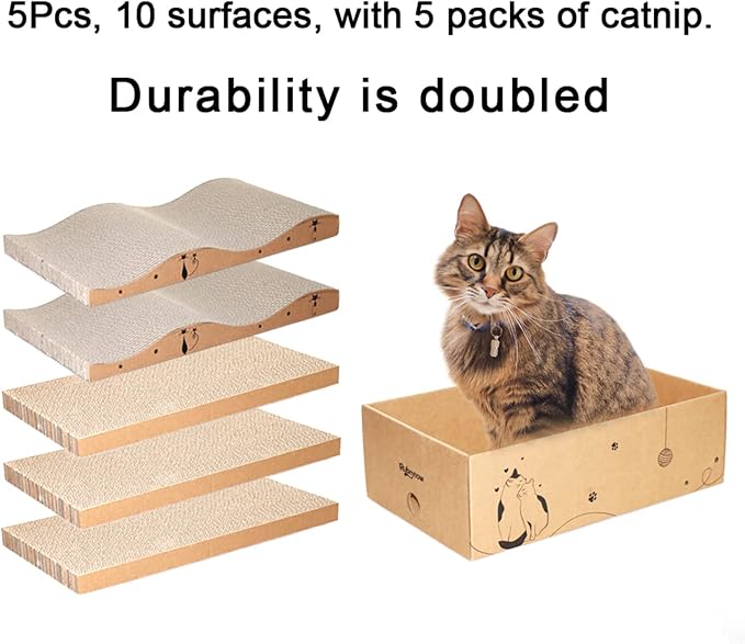 Cat Scratcher Cardboard Scratch Pad for Indoor Cats and Kitty 5pcs | Corrugated Cat Scratching Board Bed Large 17*10in Reversible Durable with Box and Catnip - Image 6