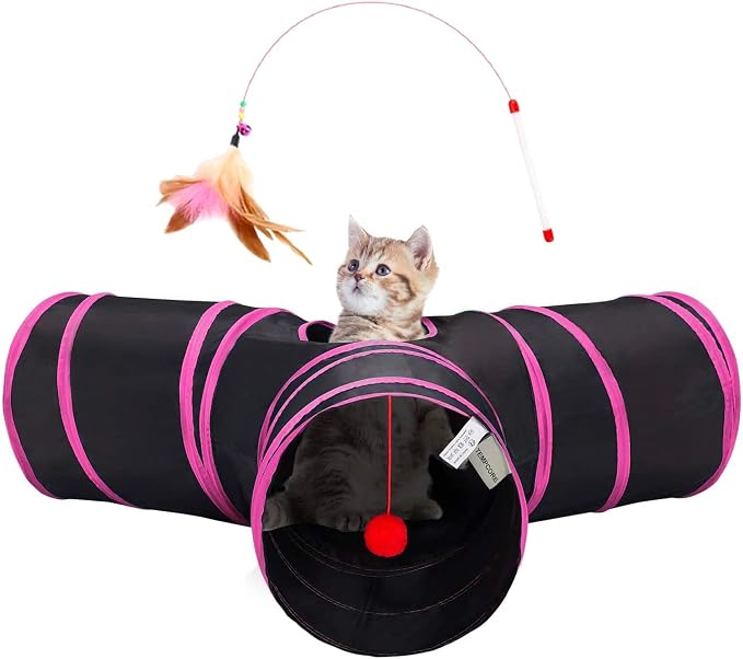 Tempcore Cat Tunnel for Indoor Cats, 3 Way Collapsible Pet Play Tunnel with Teaser Wand, Peek Holes & Hanging Ball, Interactive Tube for Kittens & Rabbits, Black & Rose Red by Tempcore