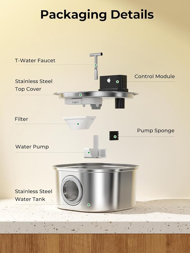 Voluas Stainless Steel Cat Water Fountain, Wireless, 108oz/3.2L, 4Filter | Cordless Design, T-Shaped Dual Water Outlet, Ultra-Quiet Pump, BPA-Free - Image 8