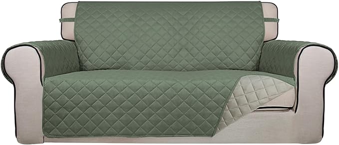 PureFit Reversible Quilted Couch Covers for Dogs Loveseat Sofa Cover 54" | Greyish Green/Beige, Water Resistant Couch Protector, Washable Pet Couch Cover with Non Slip and Elastic Straps For Kids by PureFit
