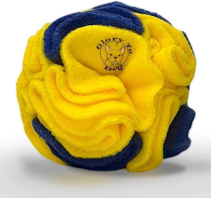 Glory To Dog Puppy/Small Breed Snuffle Ball Toy Bright Yellow & Royal Blue | Interactive fleece snuffleball hides treats at variable depths. Puzzle engages smell & foraging instinct Machine washable 4" by GloryToDog