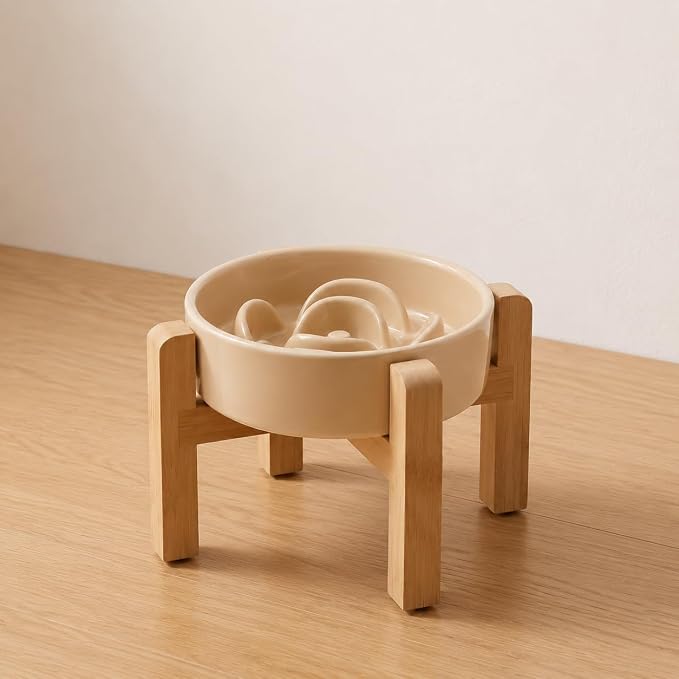 Elevated Ceramic Slow Feeder Dog Bowls Anti-Choking Slow Feeding for Small&Medium Size Anti-Slip Non-Lead & Toxic Durable Easy to Clean Maze Slow Feeder Bowl（8.26in Khaki Flower Pattern） - Image 7