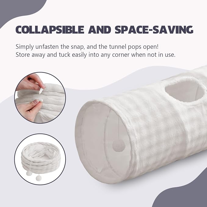 Straight Bubble Cat Tunnel for Indoor Cats 47"x12", Cream White | Cute Cat Toys, Collapsible Tunnel Tube with Hanging Balls for Puppy Kitten Rabbit - Image 6