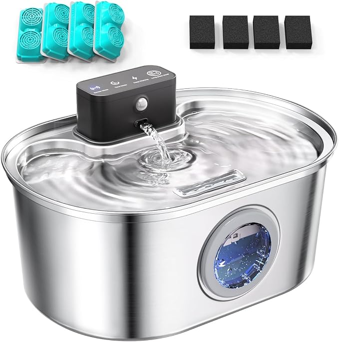 Cordless 3.2L/108oz Stainless Steel Cat Water Fountain Pet Fountain | Rechargeable Pet Water Dispenser - Motion Sensor Activation - Multi-Layer Filtration - Ultra-Quiet Pump (4 Filters) by Emdoro