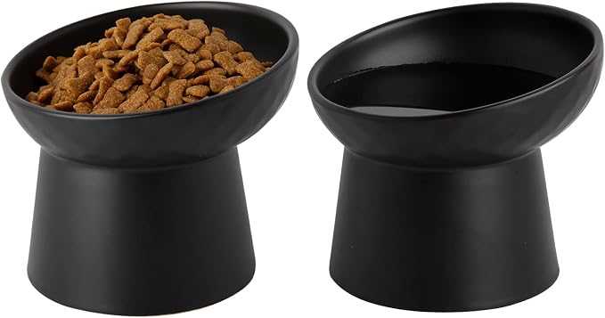 Elevated Cat Bowls, 15° Tilted Ceramic Raised Cat Food and Water Bowl Set, Whisker-Friendly Porcelain Pet Feeder Dishes for Indoor Cats and Small Dogs,Black,5.2 Inch,2 Pack by KITCHENLESTARaddsmorebeautifulcolourstoyourlife