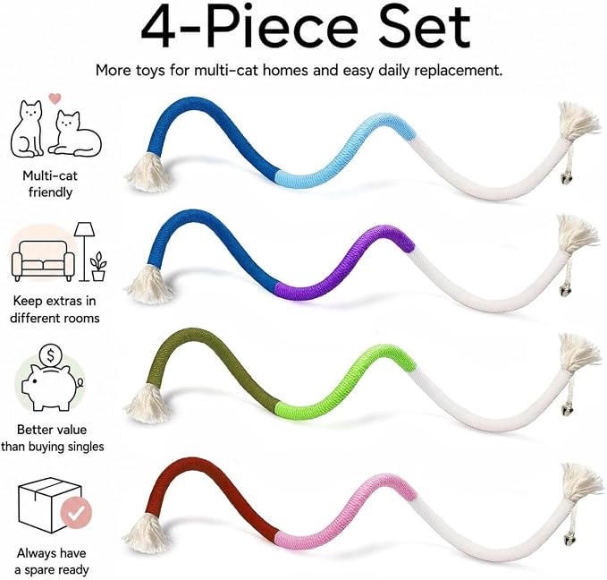 4-Pack Cat Toys for Indoor Cats, Woven Cotton Rope Toys with Bells | Colorful Cotton Rope Cat Chew Toys for Indoor Cats & Kittens, Ideal for Teething, Chewing, Interactive Play & Boredom Relief - Image 2