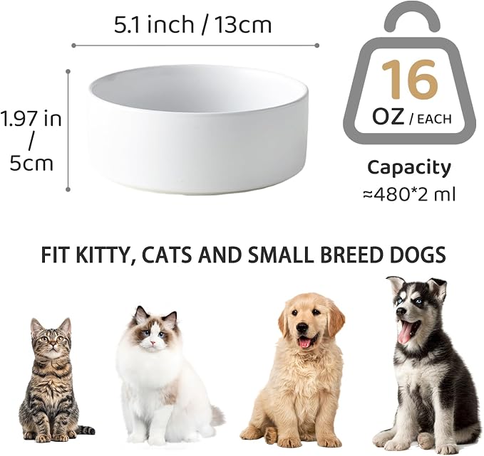 Ceramic Set of 2 Dog and Cat Bowls - Classic Food & Water Bowl for Kitty, Cats and Toy Breed Dogs, Weighted Dog Dishes, Food Grade Pet Bowl, Dishwasher & Microwave Safe (5.1'', 2*16OZ, White) - Image 3