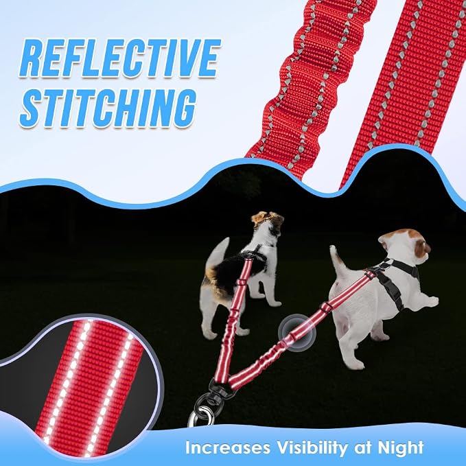 AUTOWT Double Dog Leash, No Tangle 360° Swivel Rotation Reflective Lead Attachment Adjustable Length Dual Two Dog Lead Splitter, Comfortable Shock Absorbing Walking Training for 2 Dogs Red - Image 7