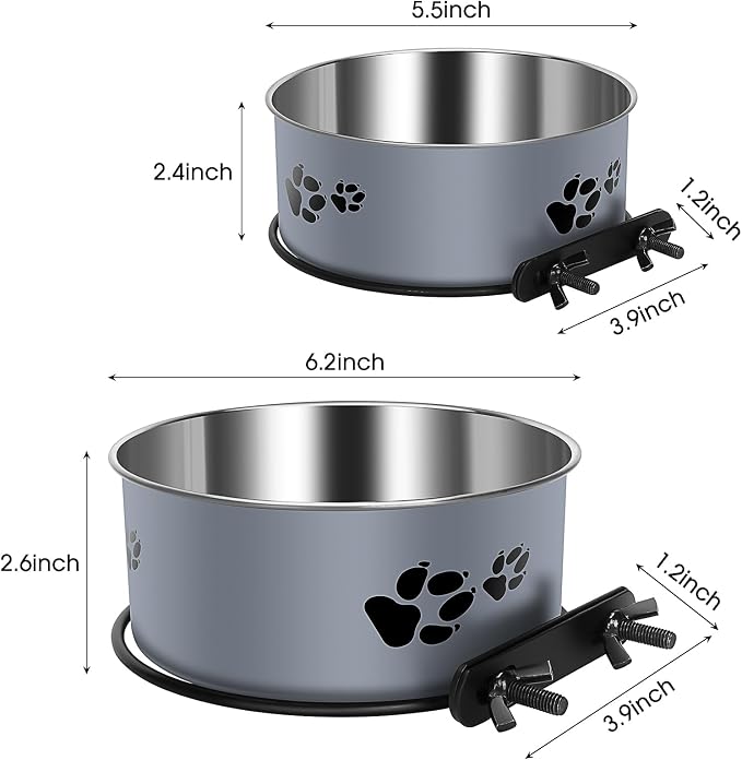 Hanging Dog Bowls for Kennel, 2 Pack Food and Water Bowl, 34oz &25oz | Stainless Steel Attachable Dog Bowls for Crates, No Spill for Medium and Small Sized Dogs (6.2x2.6” & 5.5x2.4”) - Image 2