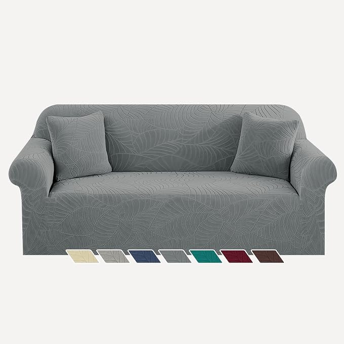 YEMYHOM Couch Cover Latest Jacquard Design High Stretch Sofa Covers for 3 Cushion Couch, Pet Dog Cat Proof Slipcover Non Slip Magic Elastic Furniture Protector (Large, Begonia Leaf Dark Gray) by YEMYHOM